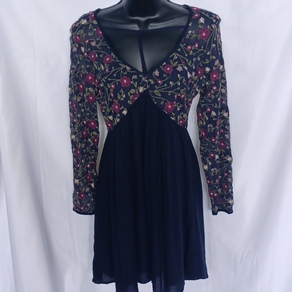 American Eagle Navy Blue Long Sleeve Sheer Dress Floral Inverted V Empire Waist